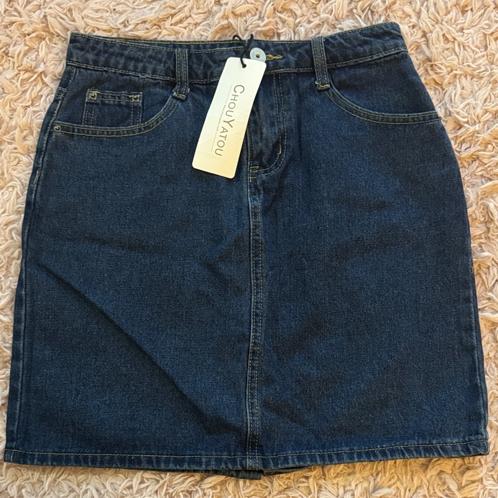 Chouyatou blue 
Dark Blue Denim mini  Skirt - Classic A-Line